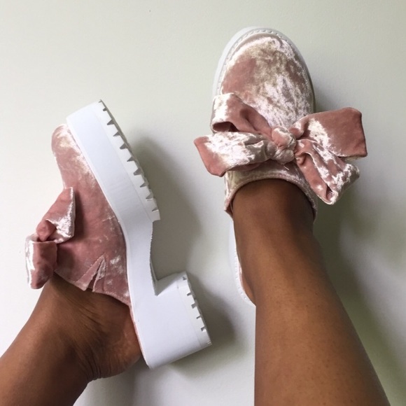 ASOS Shoes - ASOS Pink Crushed Velvet Chunky Bow Mules Size 8